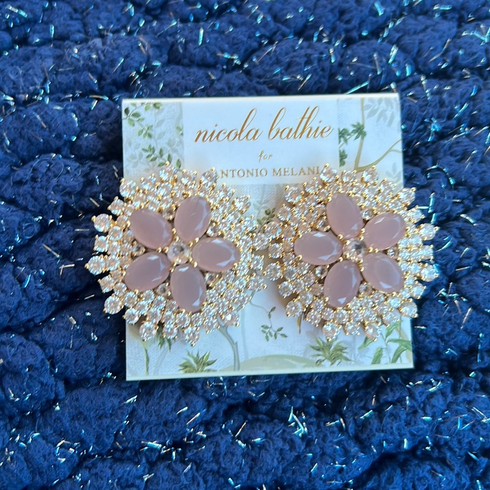 Nicola Bathie Rose Pink and Gold Floral Cluster Earrings